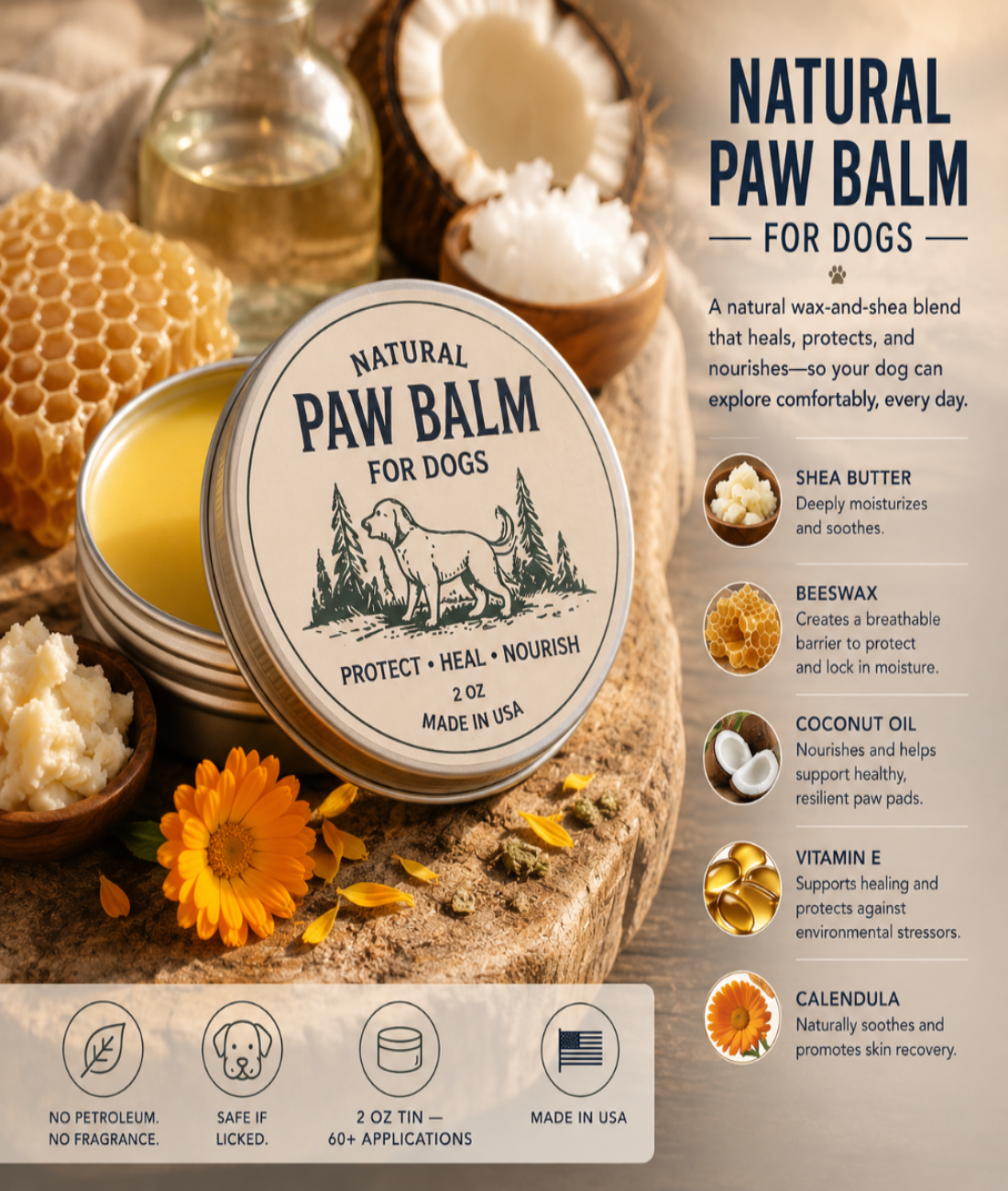Natural paw balm for dogs with ingredients and benefits displayed.